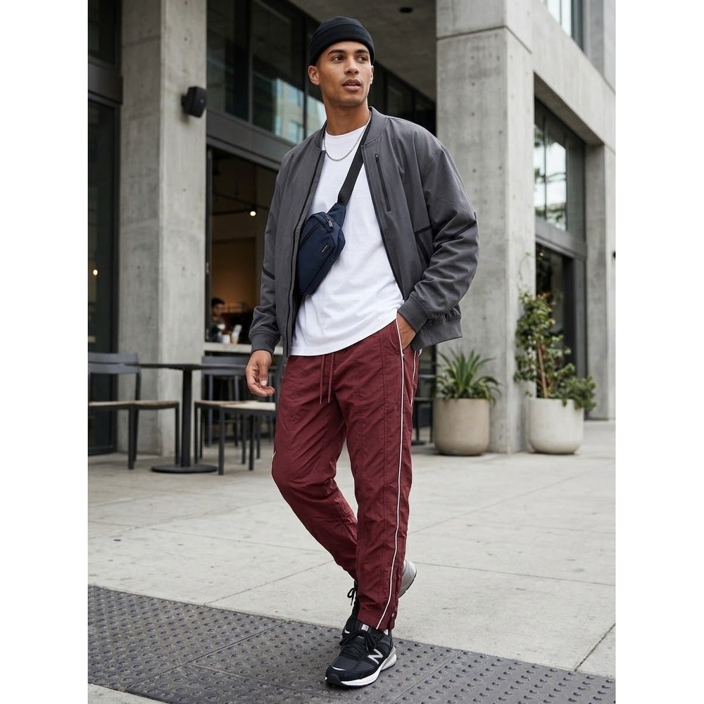 PacSun Baggy Track Pants Burgundy Red White Piping Ankle Zip Joggers Mens Medium